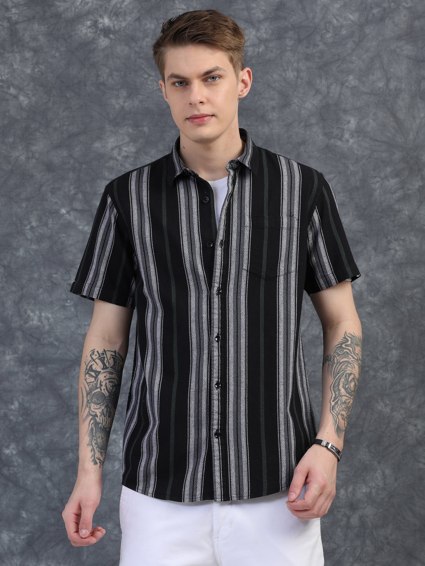 White with Green Vertical Stripes Shirts