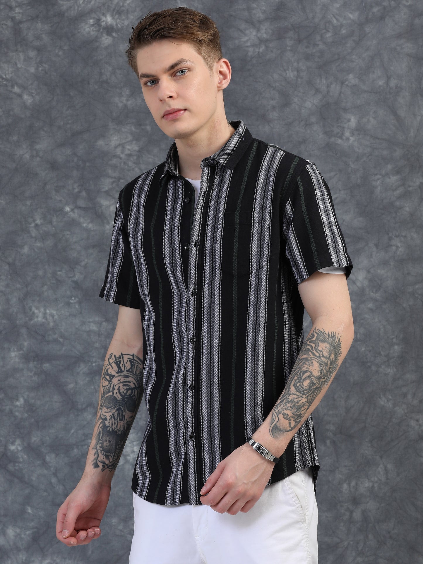 White with Green Vertical Stripes Shirts