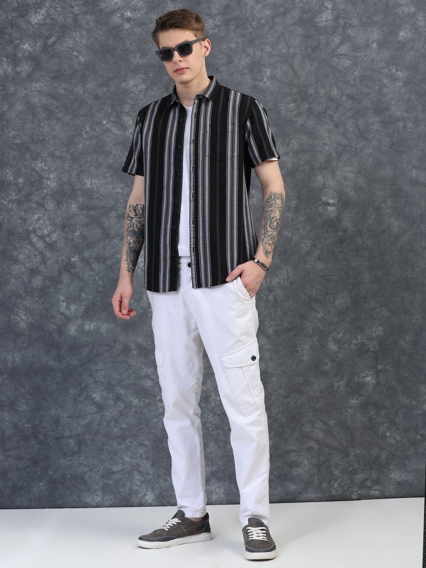 White with Green Vertical Stripes Shirts