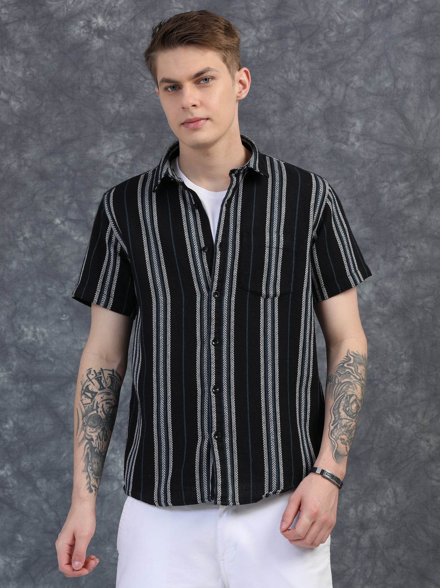 Black White Half Sleeve Stripe Shirts