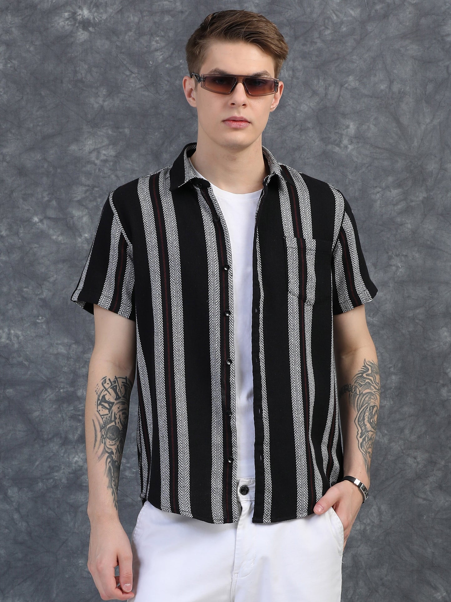 White with Maroon Half Sleeve Stripe Shirts