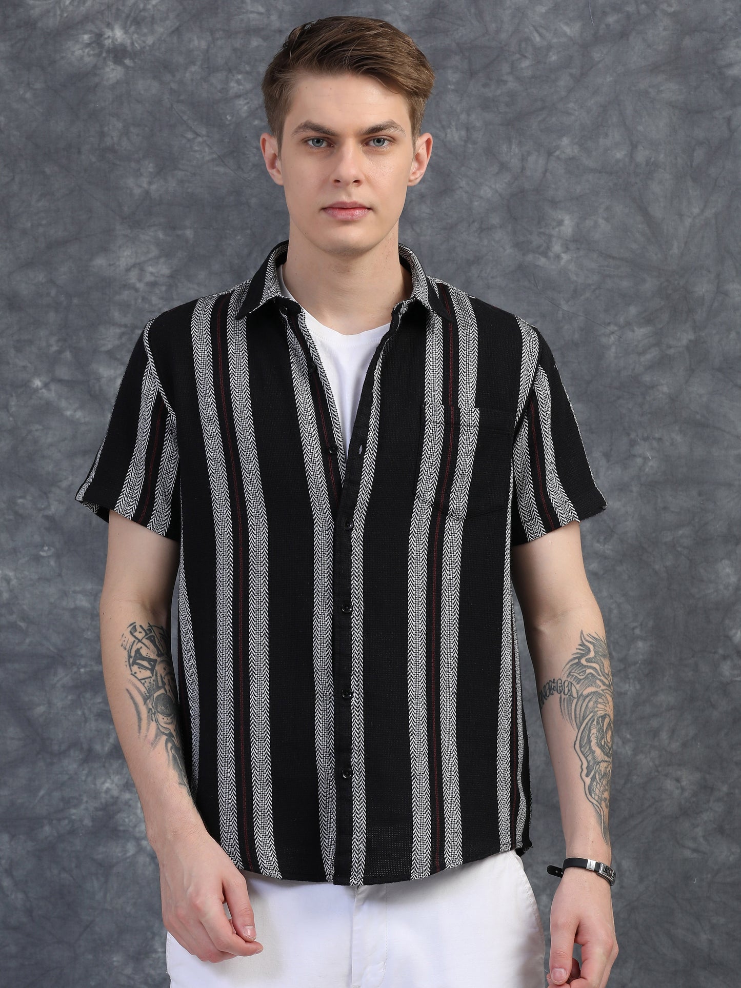 White with Maroon Half Sleeve Stripe Shirts