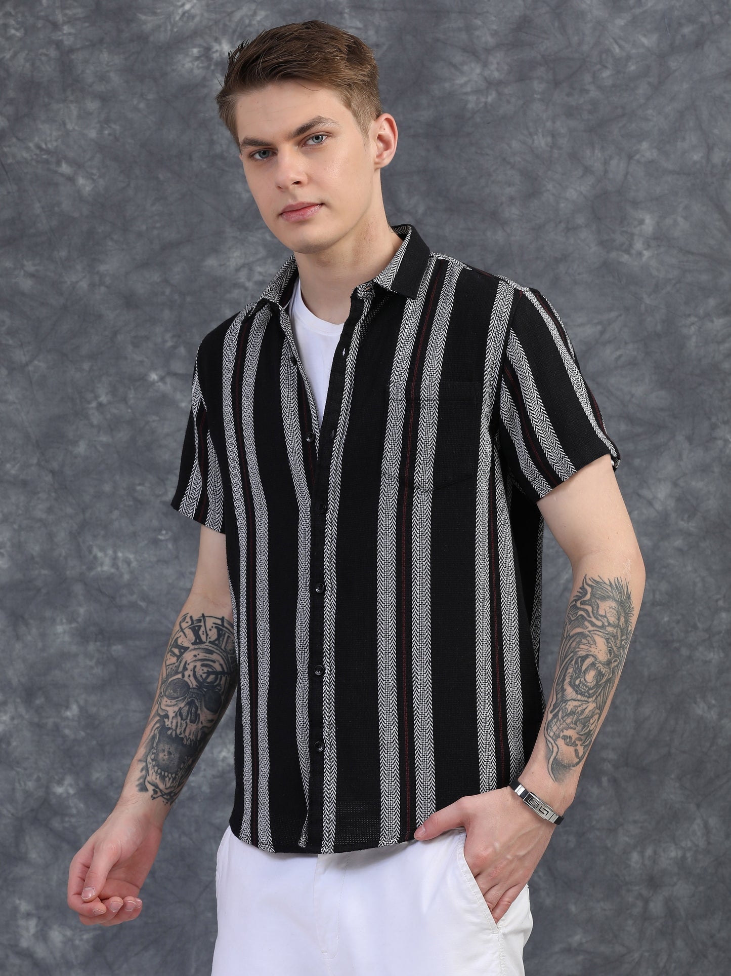 White with Maroon Half Sleeve Stripe Shirts