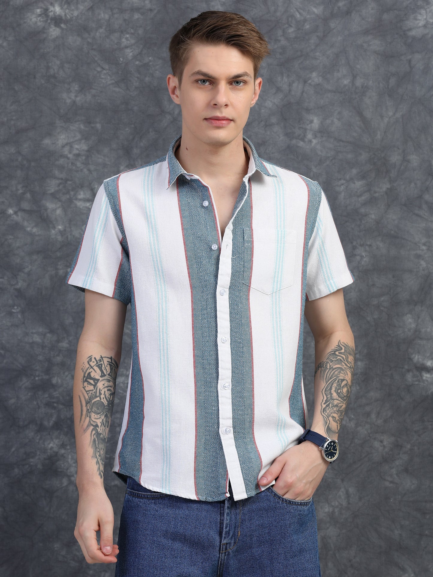 Light Blue Half Sleeve Stripe Shirts