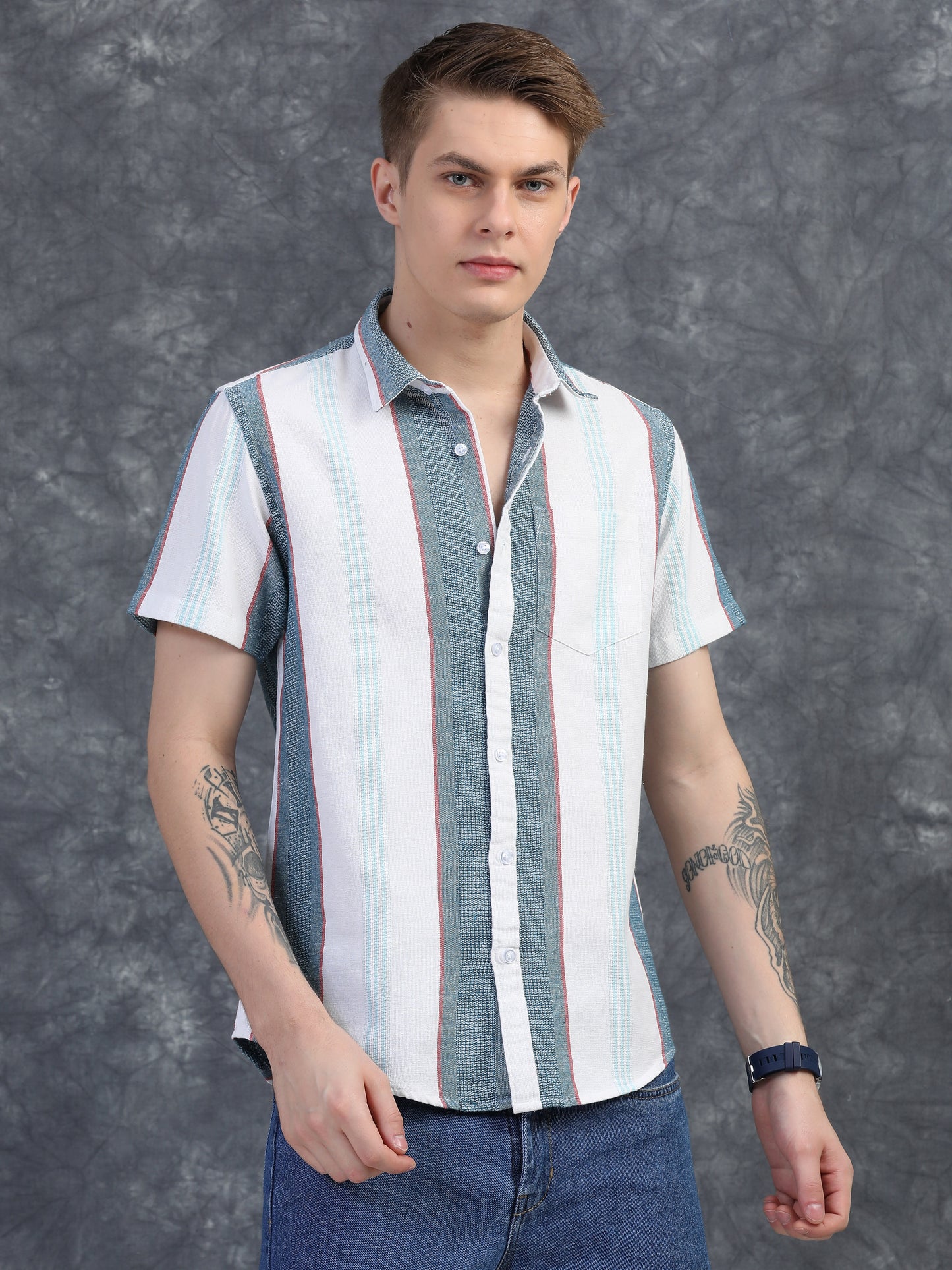 Light Blue Half Sleeve Stripe Shirts