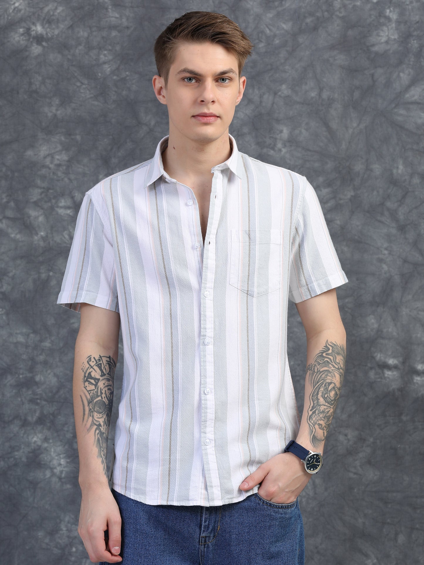Light Green Half Sleeve Stripe Shirts