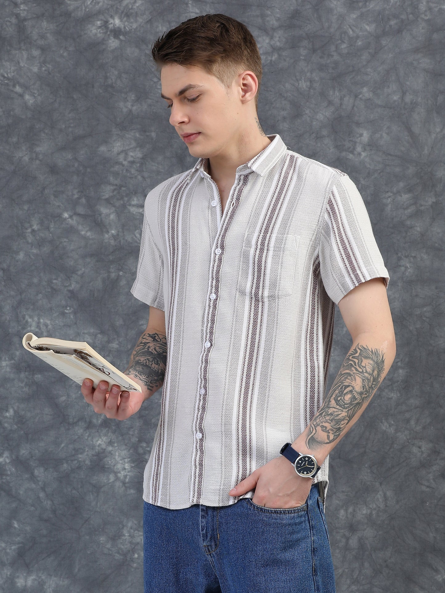 White and Burgundy Red Half Sleeve Stripe Shirts