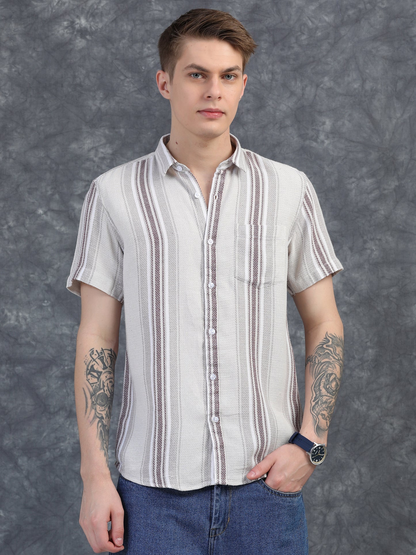 White and Burgundy Red Half Sleeve Stripe Shirts
