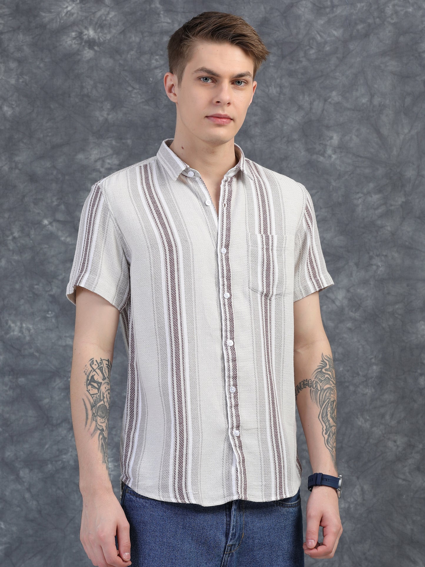 White and Burgundy Red Half Sleeve Stripe Shirts