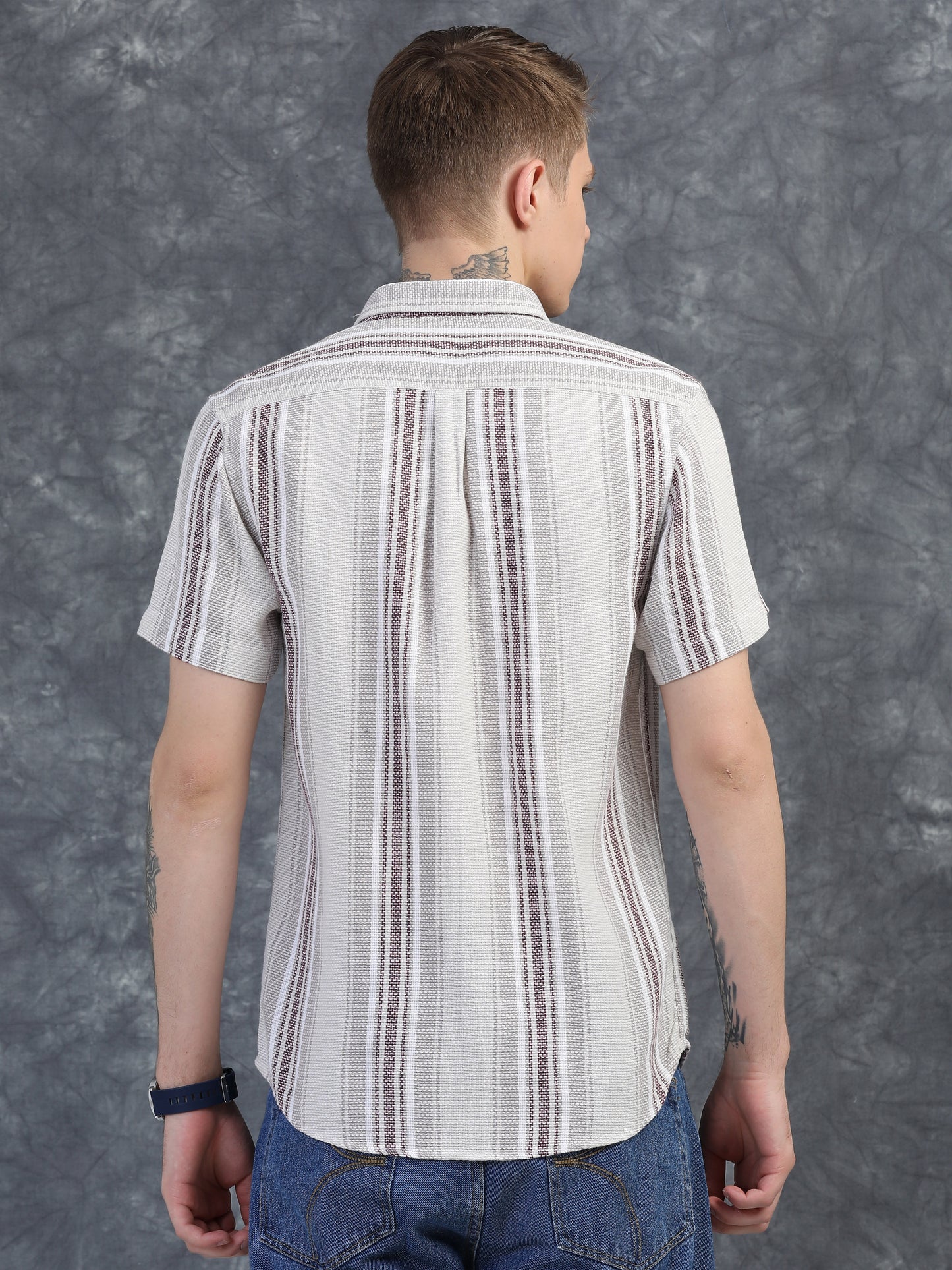 White and Burgundy Red Half Sleeve Stripe Shirts