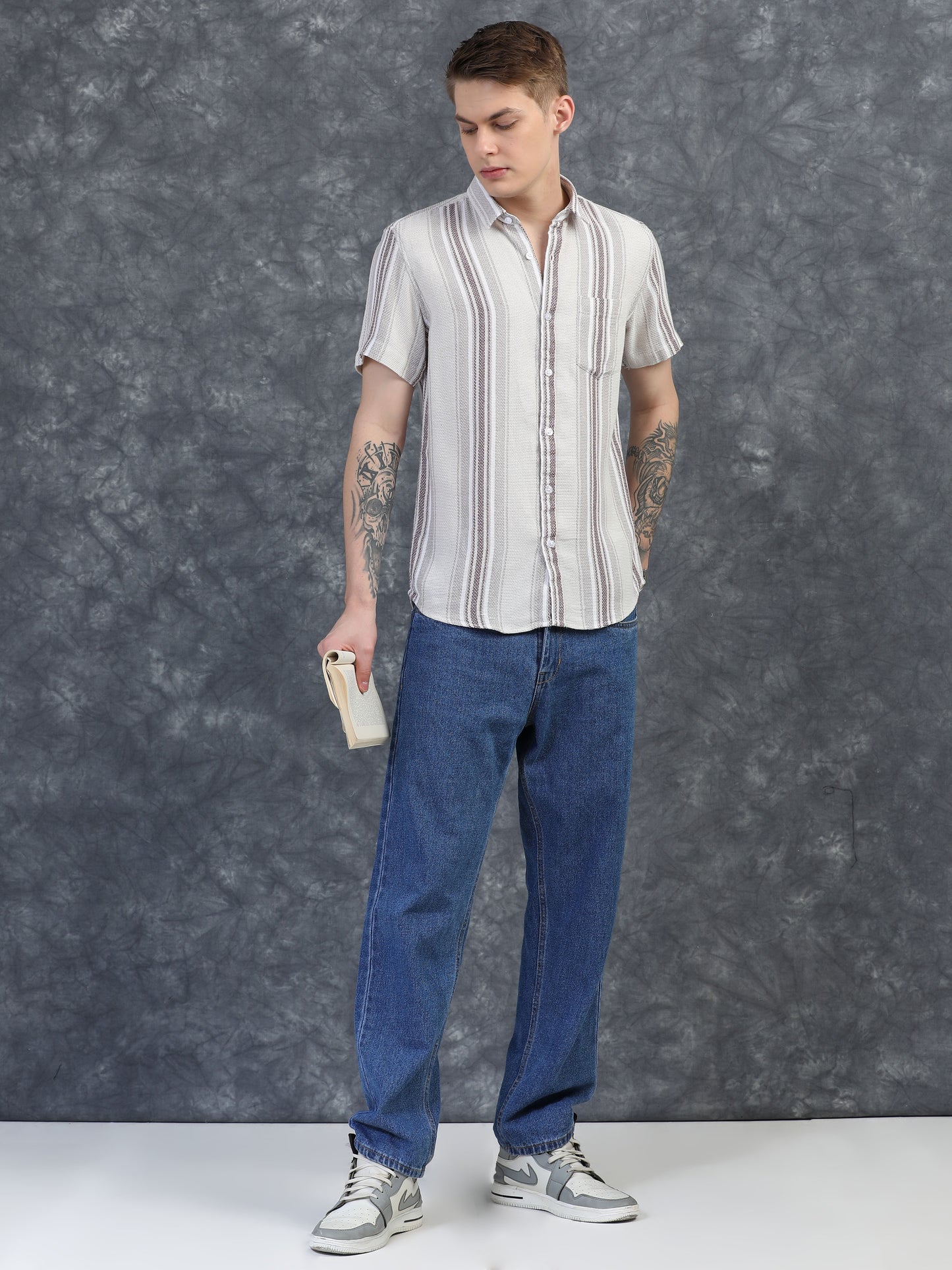 White and Burgundy Red Half Sleeve Stripe Shirts