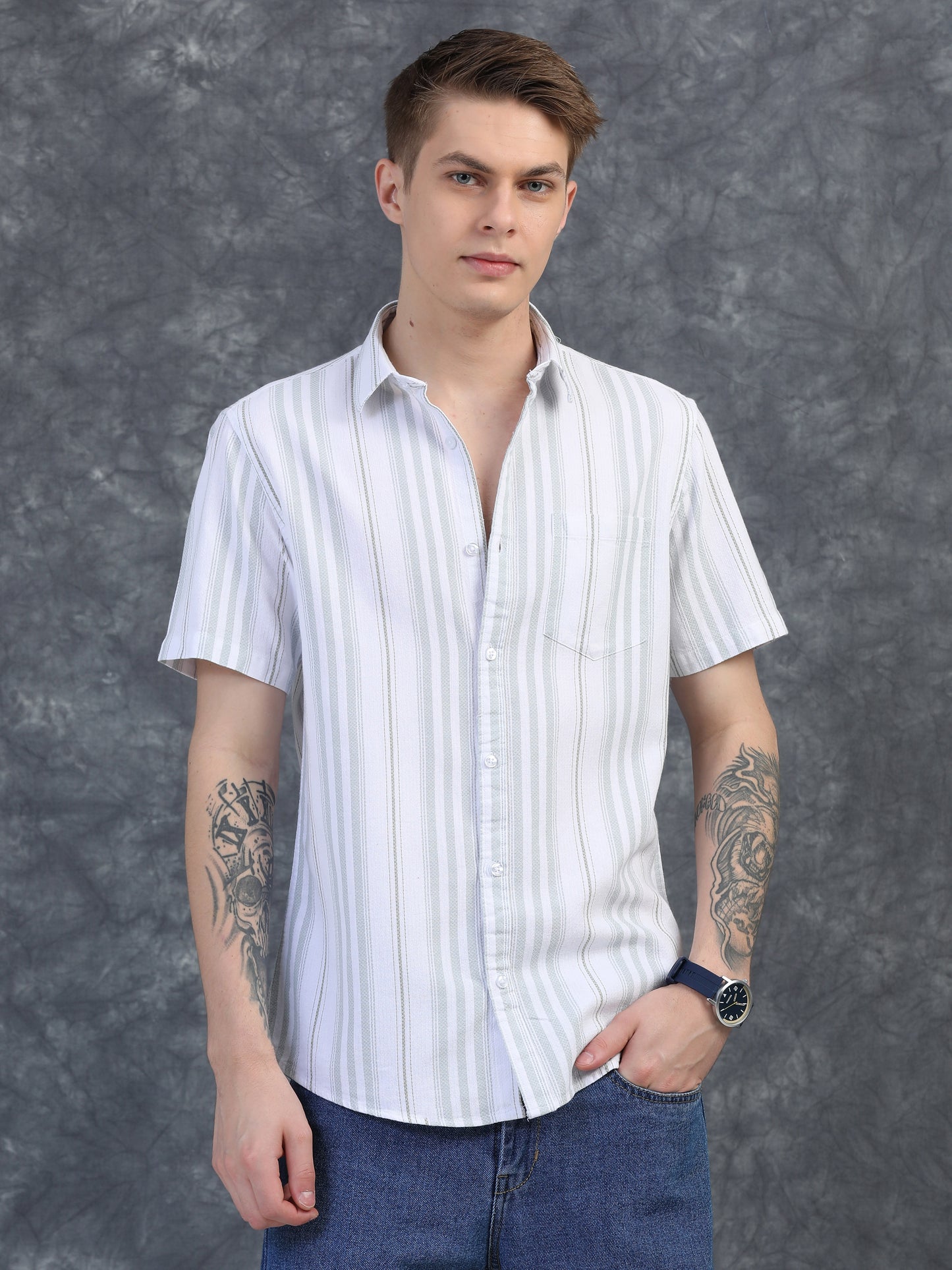 Light Green Half Sleeve Stripe Shirts