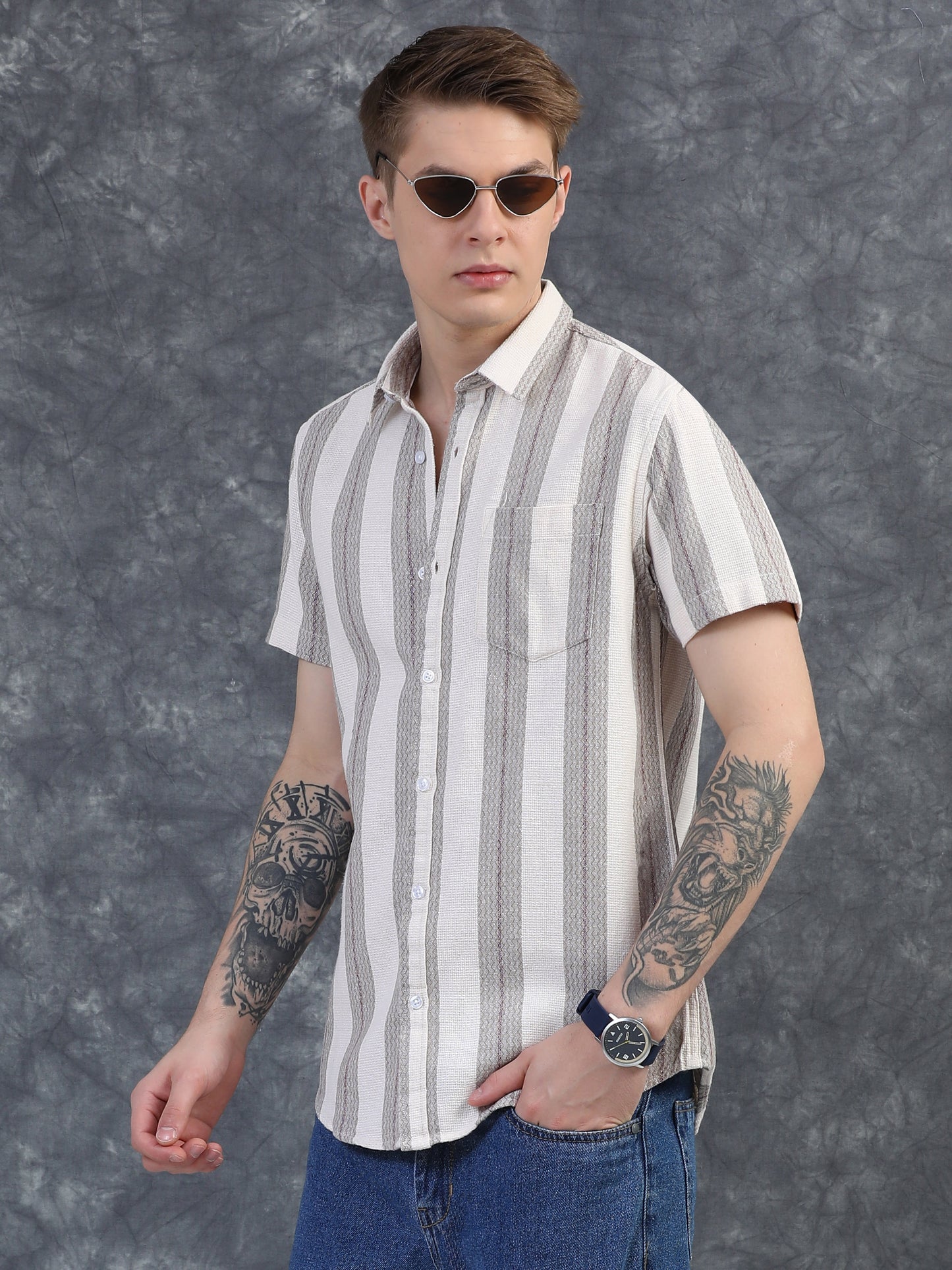 Grey and Red Mixed Half Sleeve Stripe Shirts