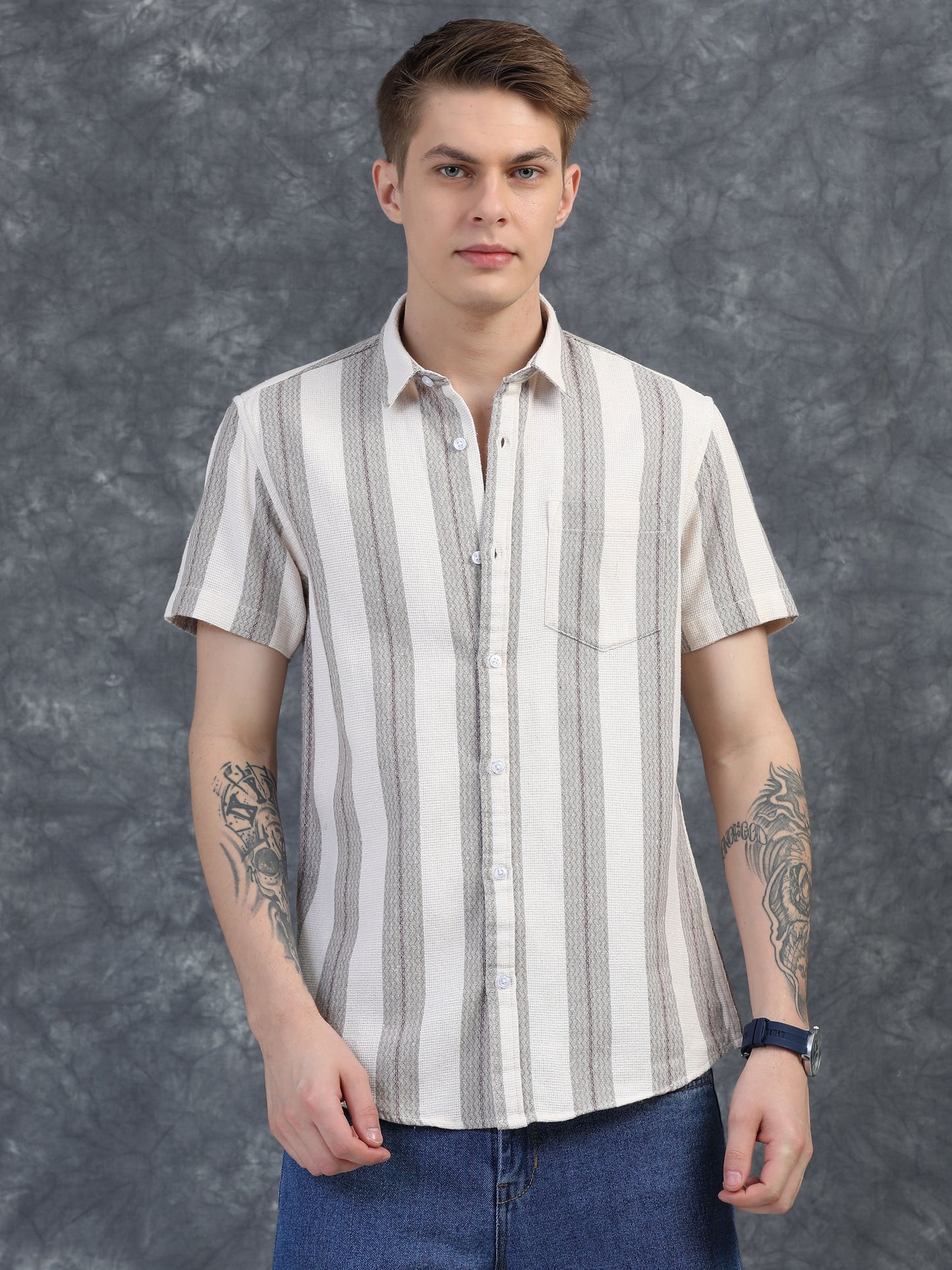 Grey and Red Mixed Half Sleeve Stripe Shirts