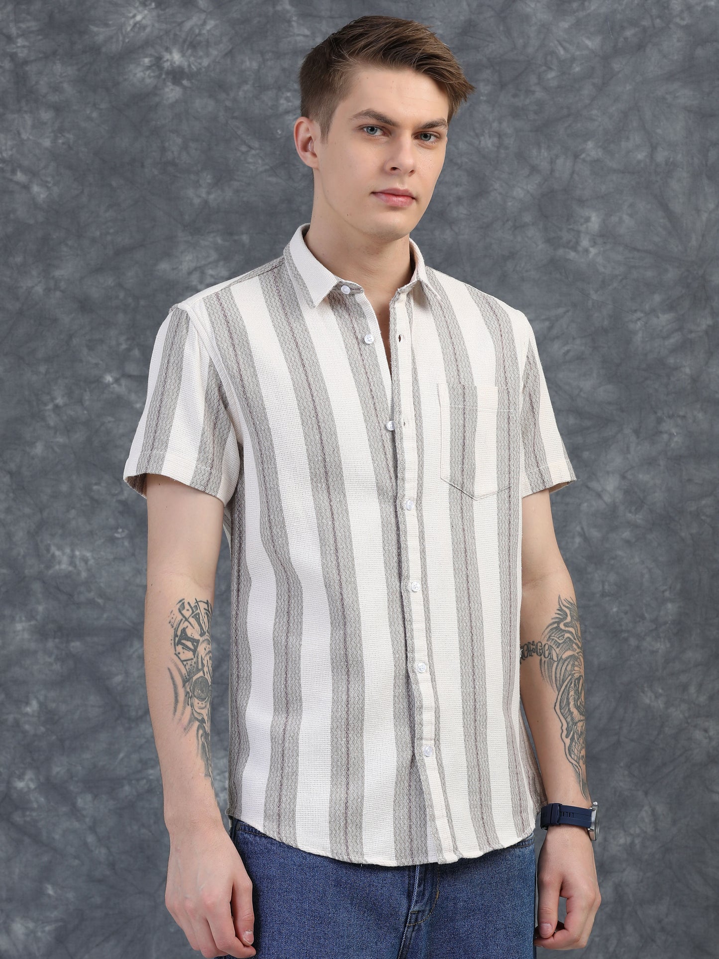 Grey and Red Mixed Half Sleeve Stripe Shirts