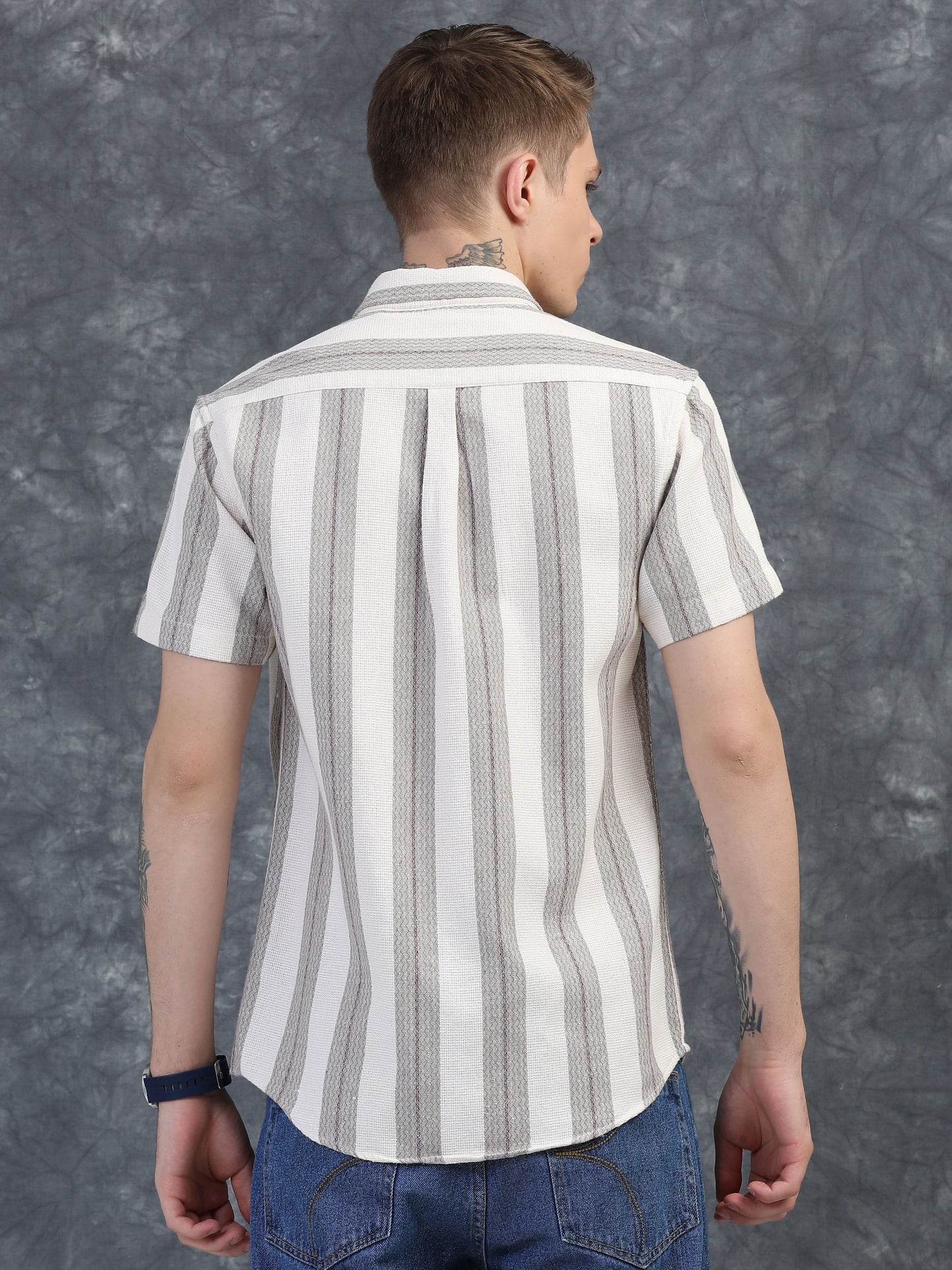 Grey and Red Mixed Half Sleeve Stripe Shirts