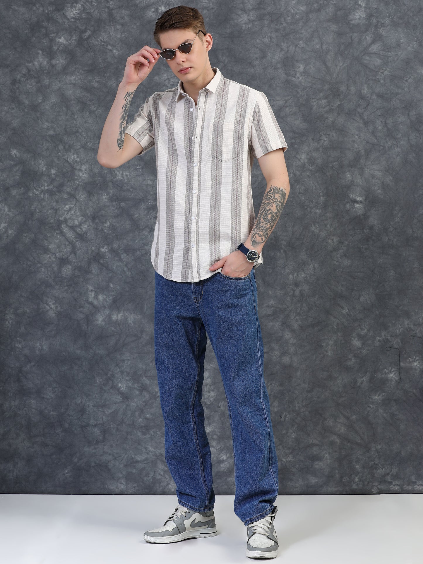 Grey and Red Mixed Half Sleeve Stripe Shirts