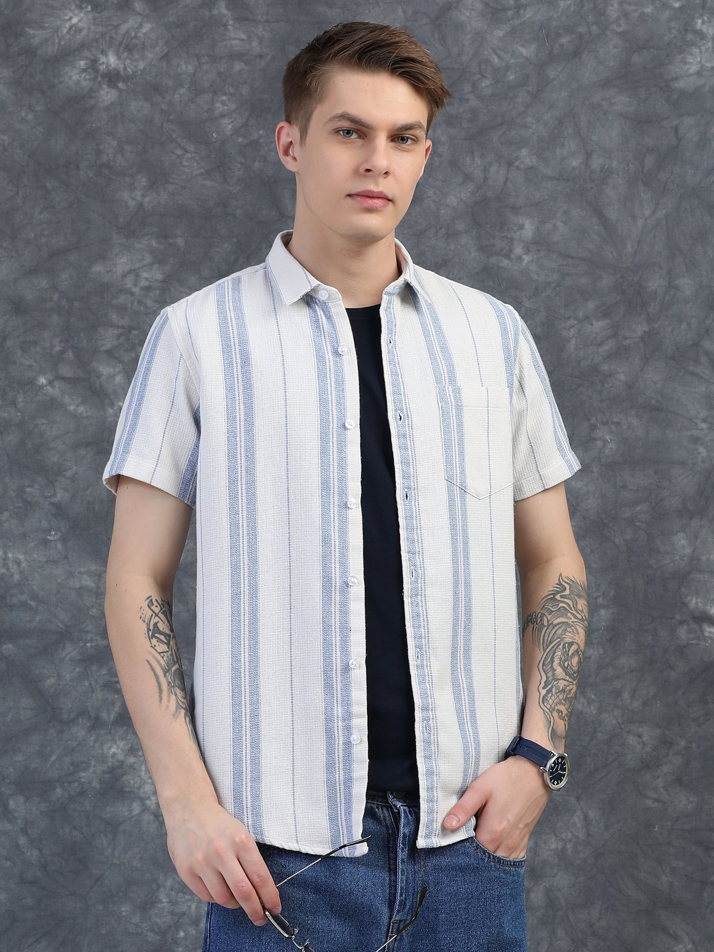 Sky Blue Vertical Stripe Shirts