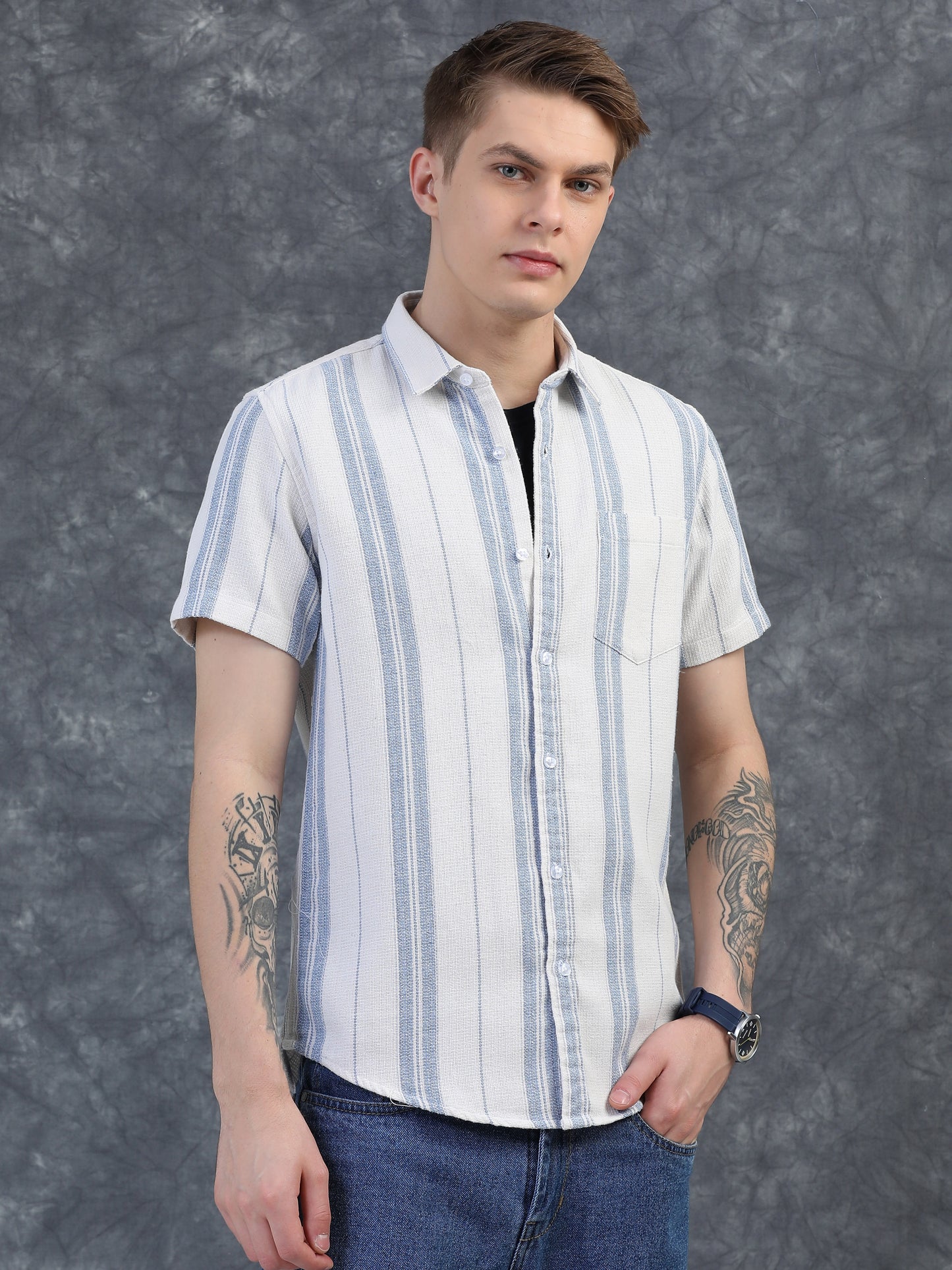 Sky Blue Vertical Stripe Shirts