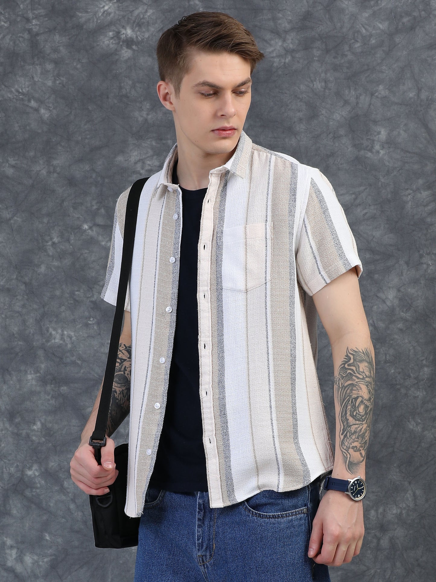 Beige and Gray Vertical Stripe Shirts