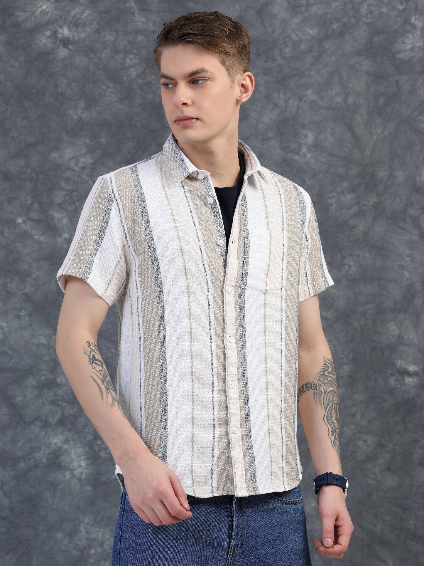 Beige and Gray Vertical Stripe Shirts