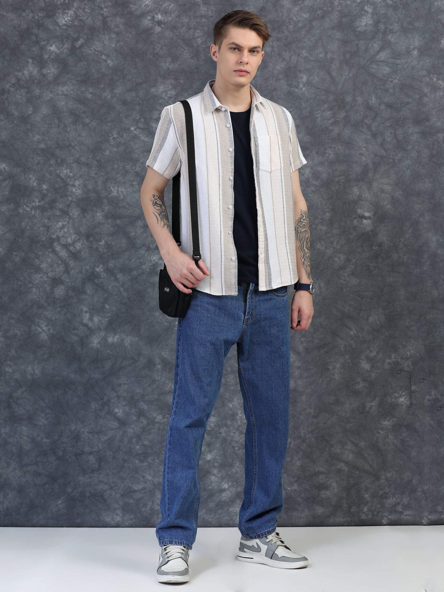 Beige and Gray Vertical Stripe Shirts