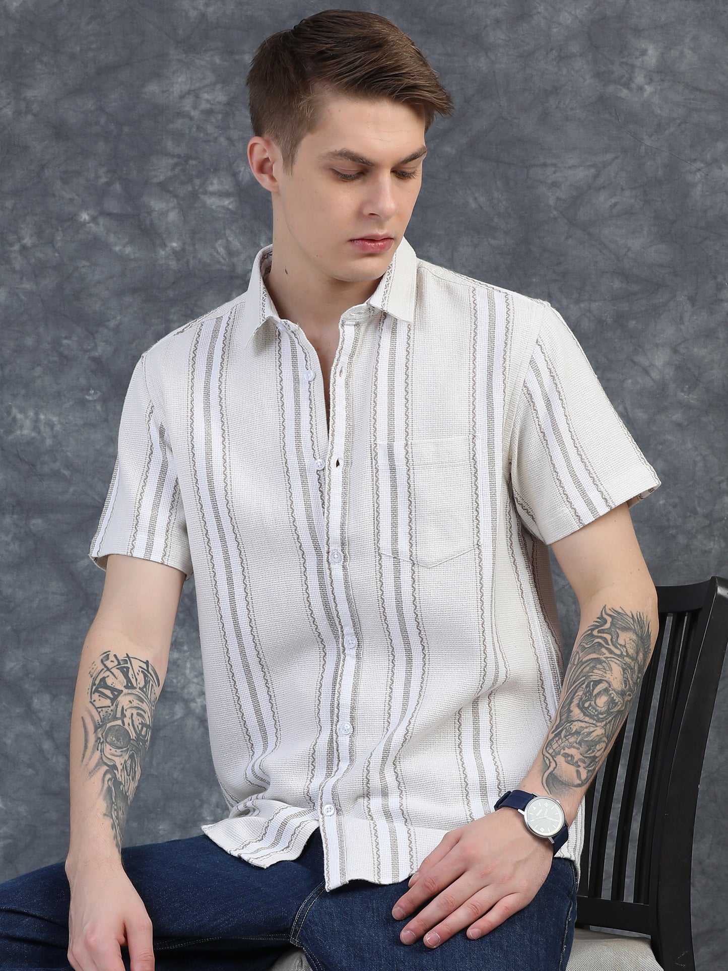 White with Thin Gray Striped Shirt