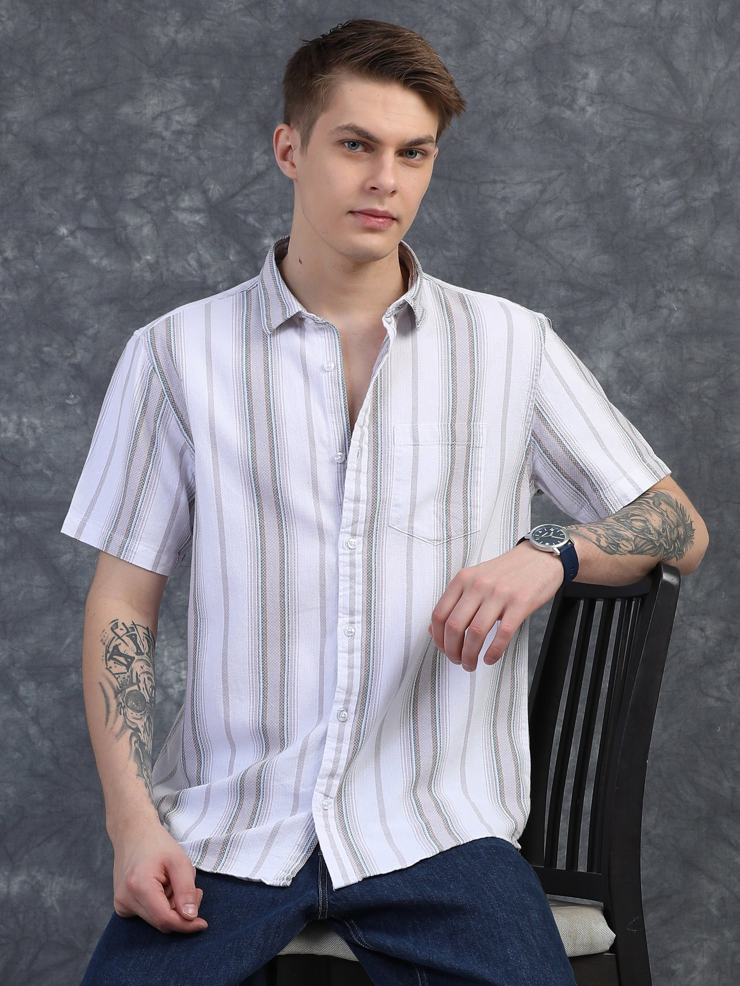 Grey and Thin Green Striped Shirt