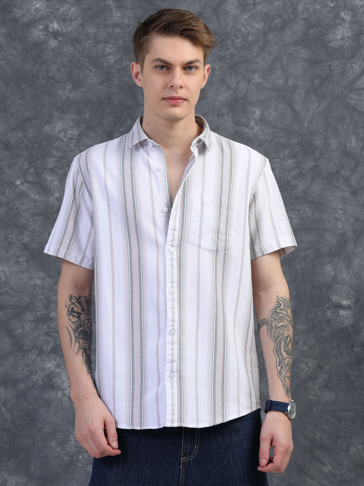 Grey and Thin Green Striped Shirt