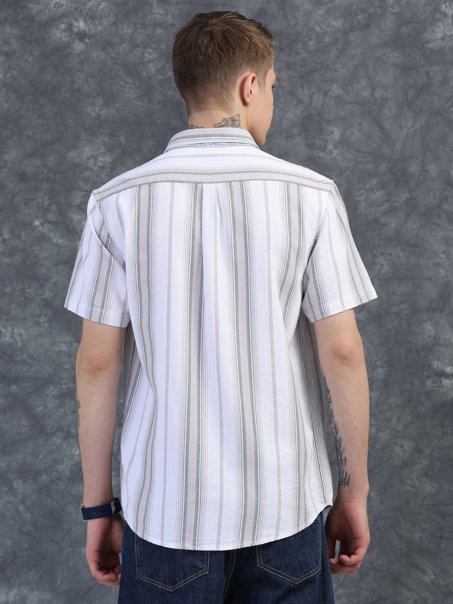 Grey and Thin Green Striped Shirt