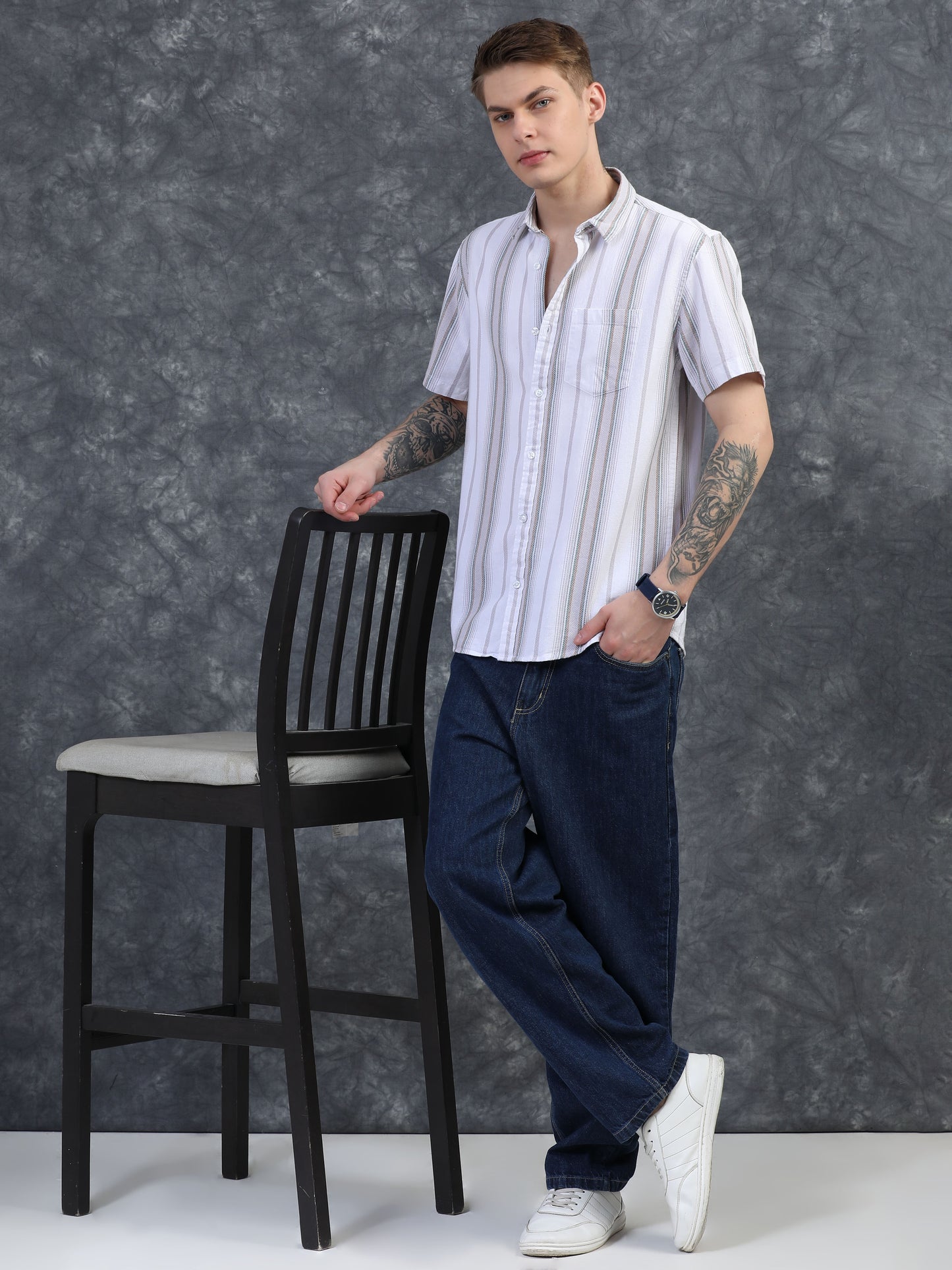 Grey and Thin Green Striped Shirt