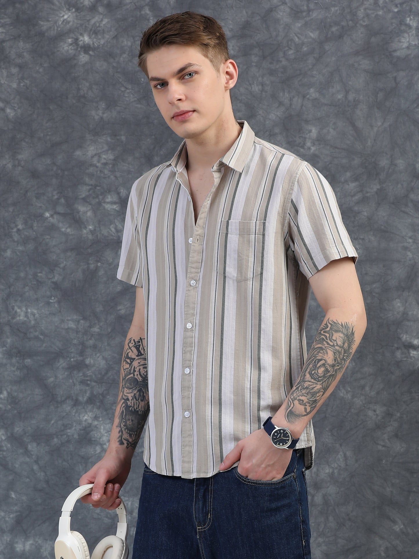 Beige with white Striped Shirt