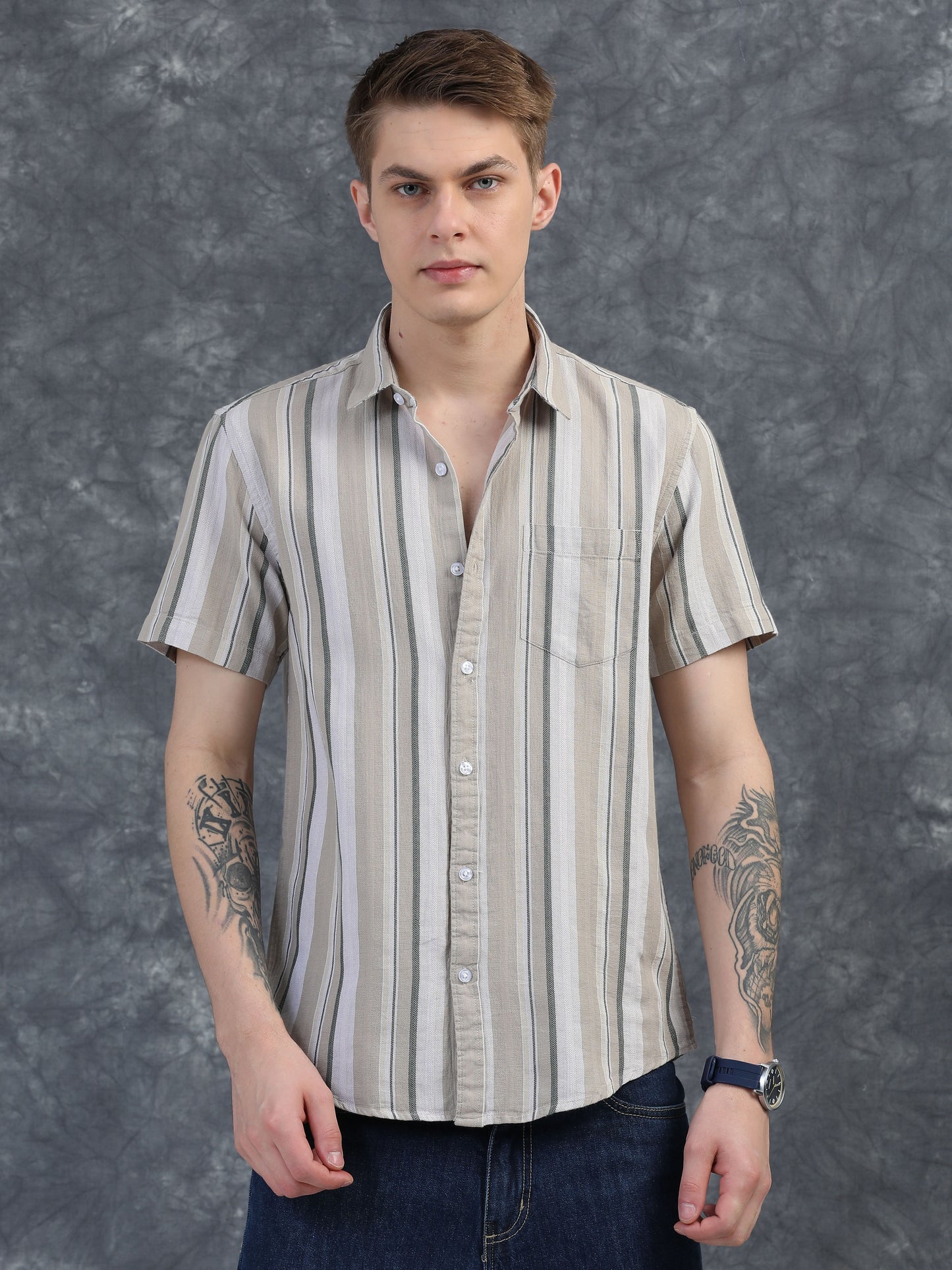 Beige with white Striped Shirt