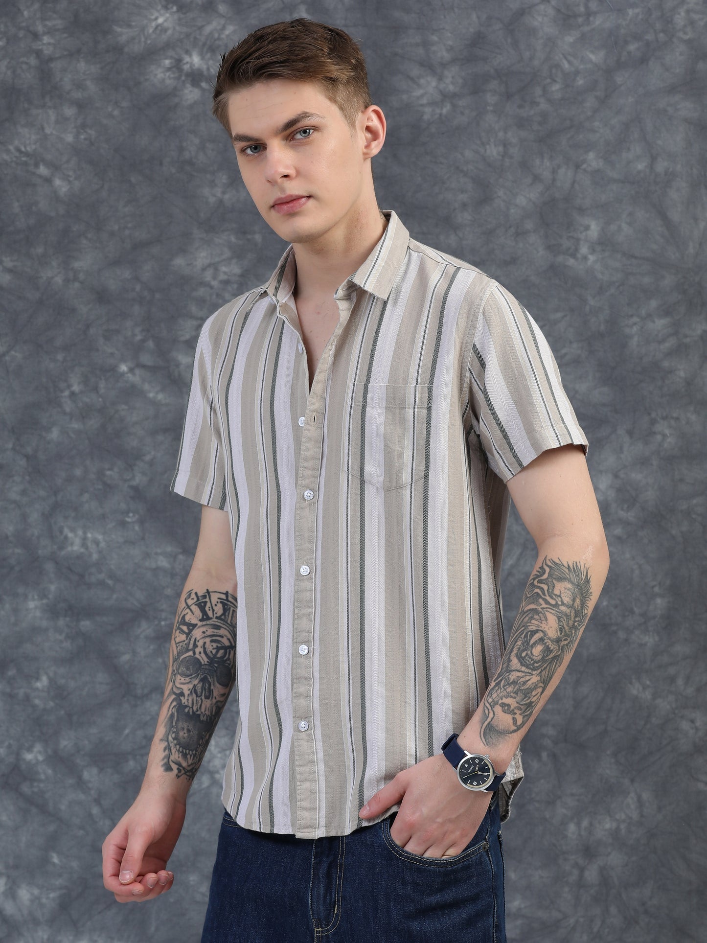 Beige with white Striped Shirt