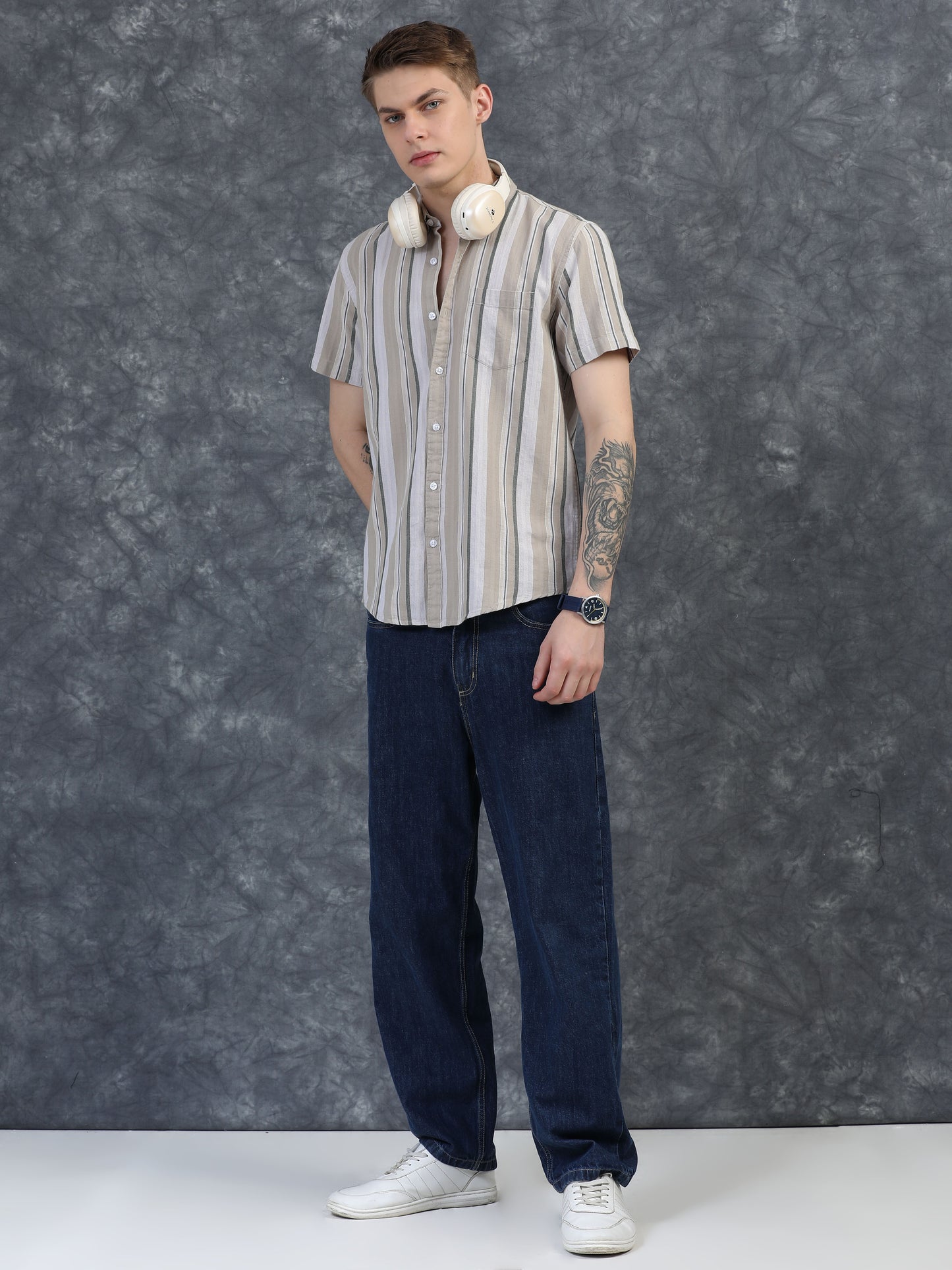 Beige with white Striped Shirt