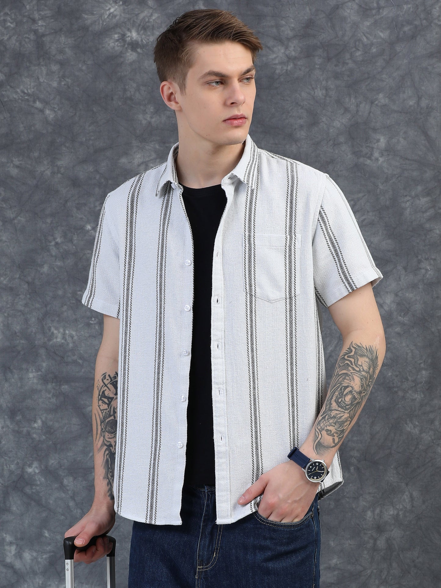 White with Thin Dark Grey Striped Shirt