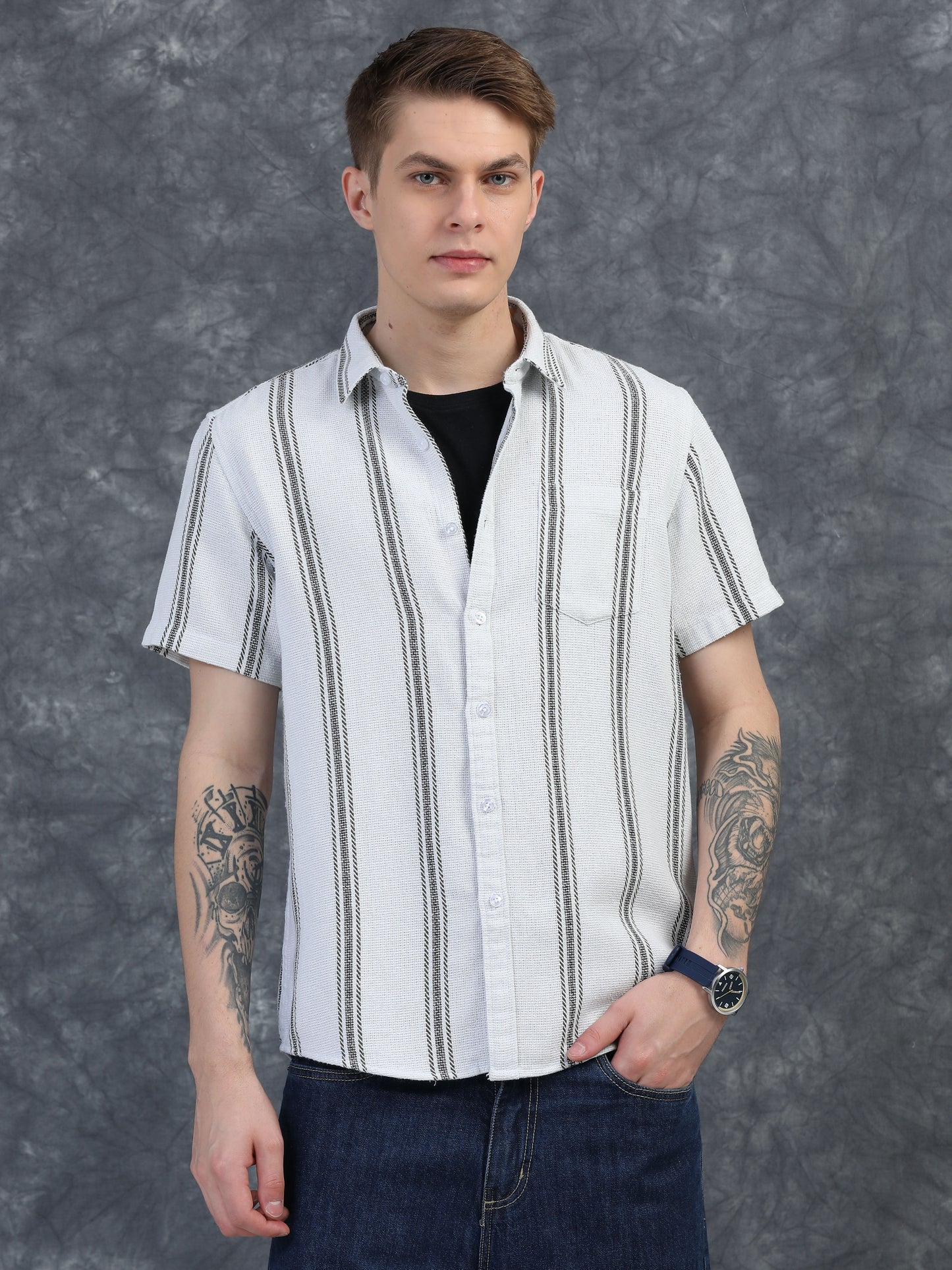 White with Thin Dark Grey Striped Shirt