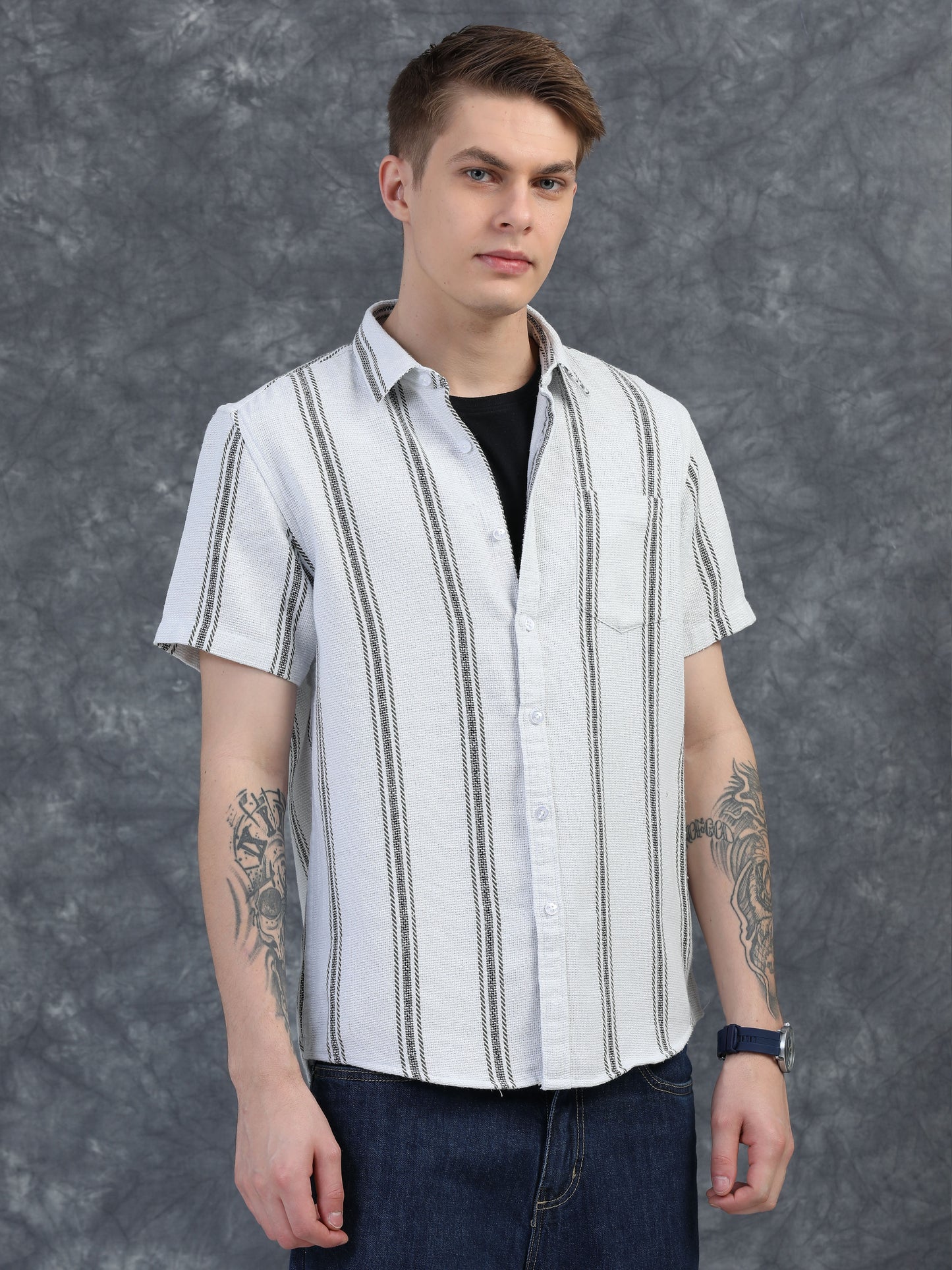 White with Thin Dark Grey Striped Shirt