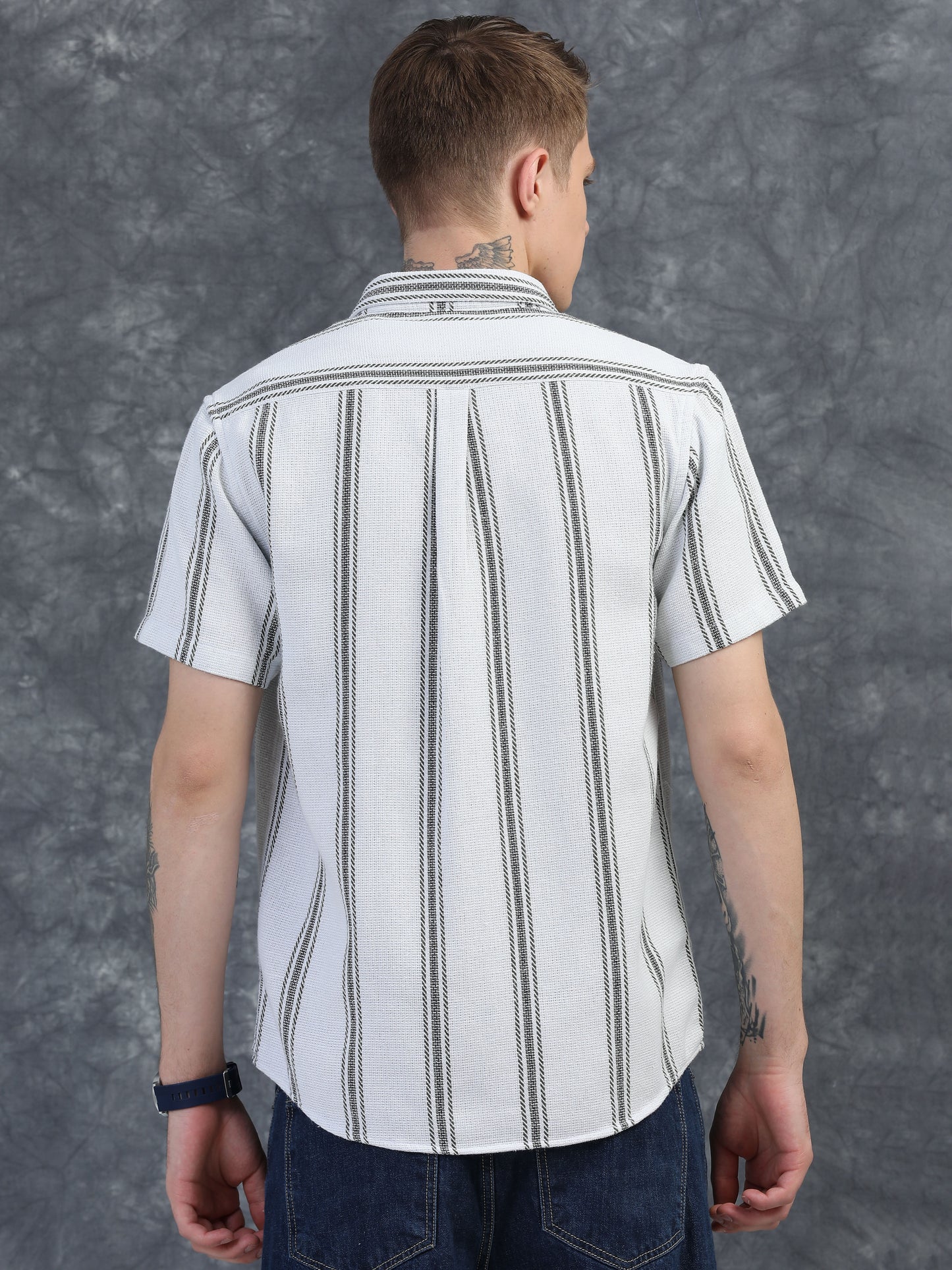 White with Thin Dark Grey Striped Shirt
