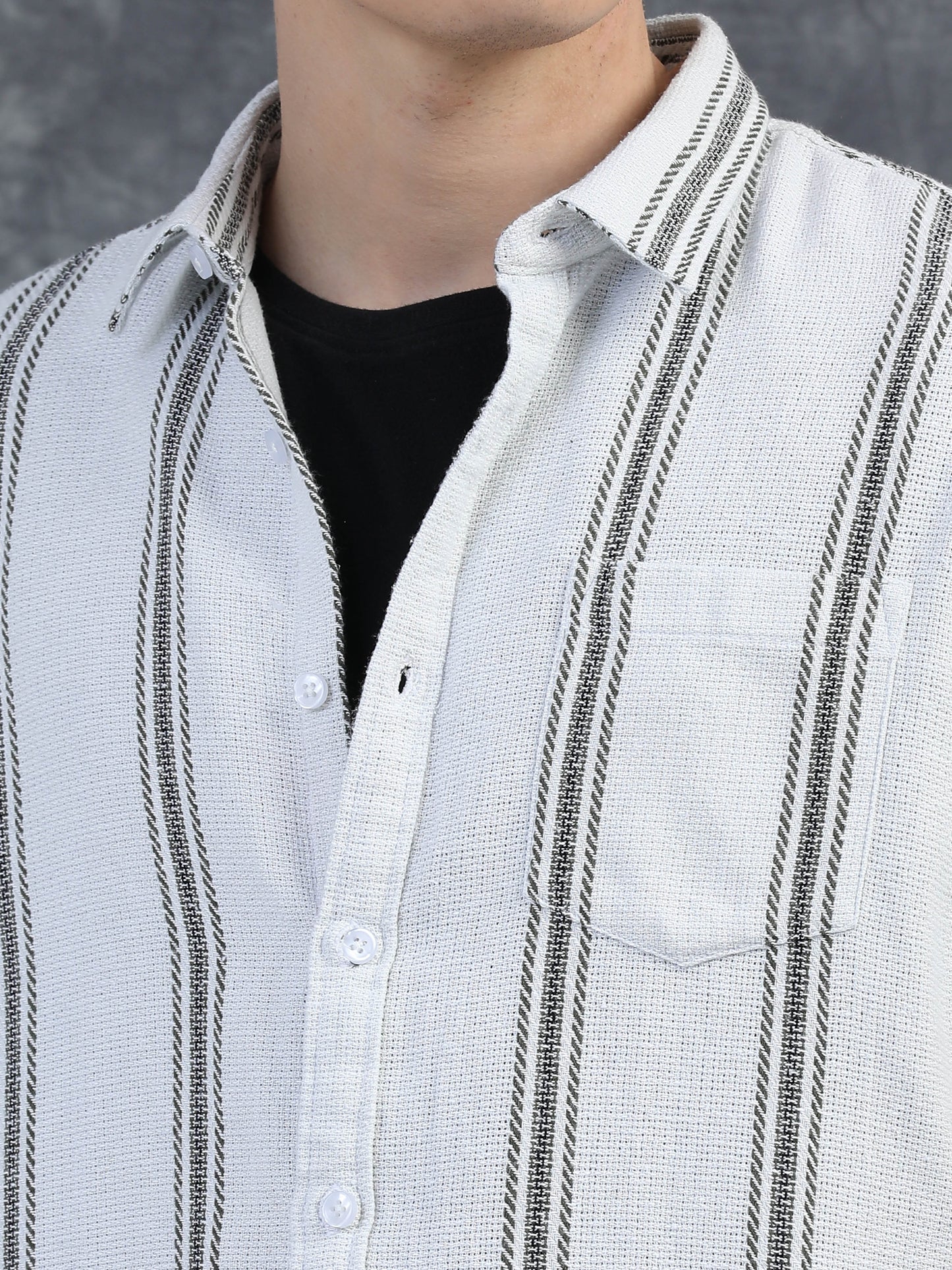 White with Thin Dark Grey Striped Shirt
