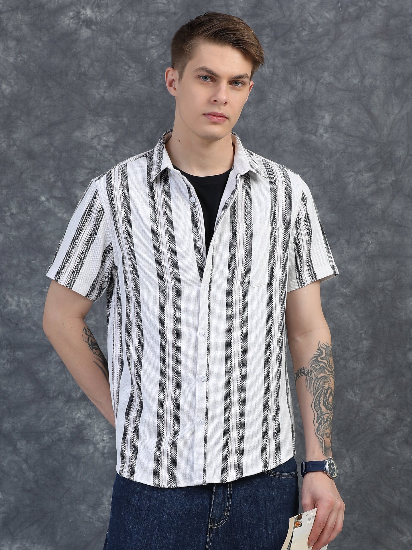 White with Thin Dark Grey Striped Shirt