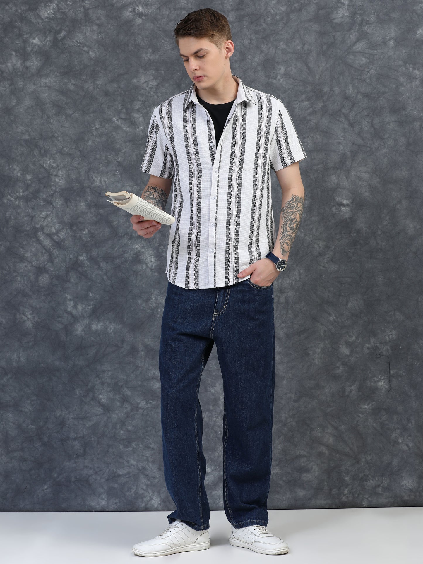 White with Thin Dark Grey Striped Shirt