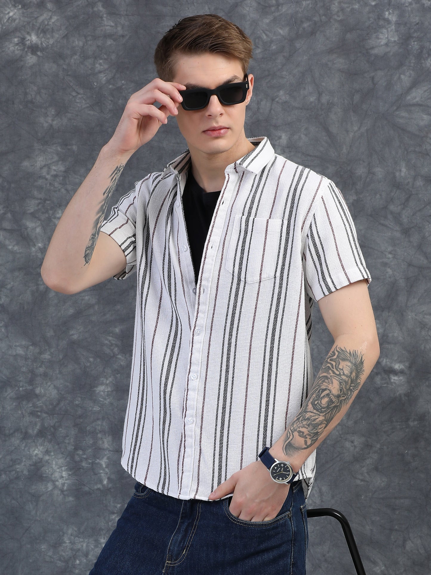 Black and Thin Red Stripes Striped Shirt