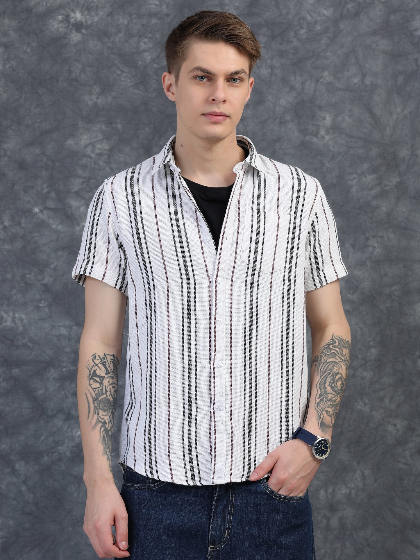 Black and Thin Red Stripes Striped Shirt