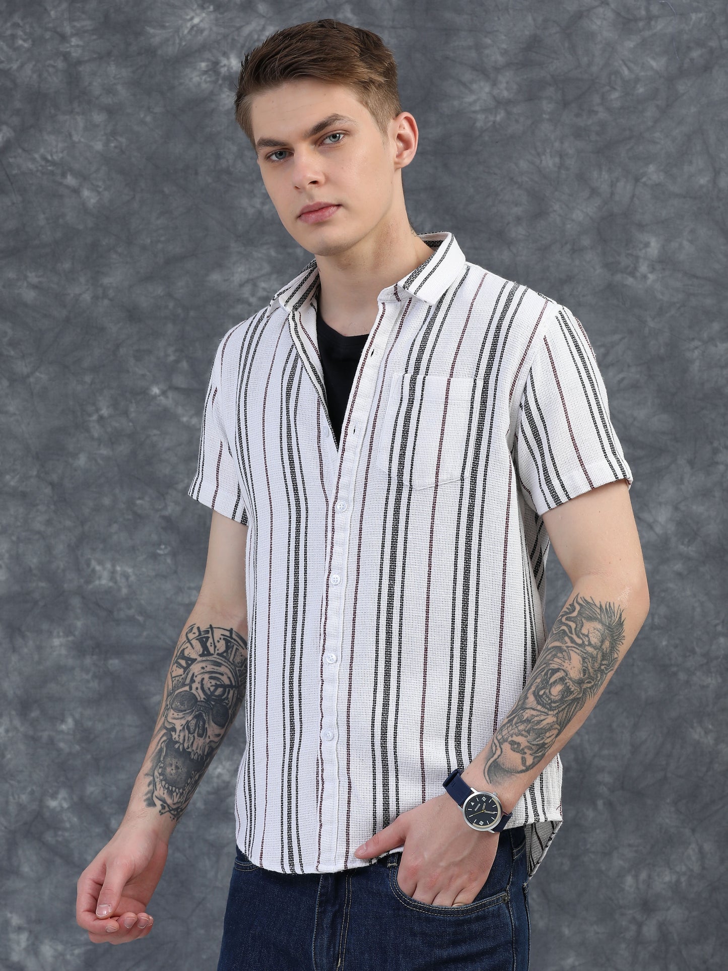Black and Thin Red Stripes Striped Shirt
