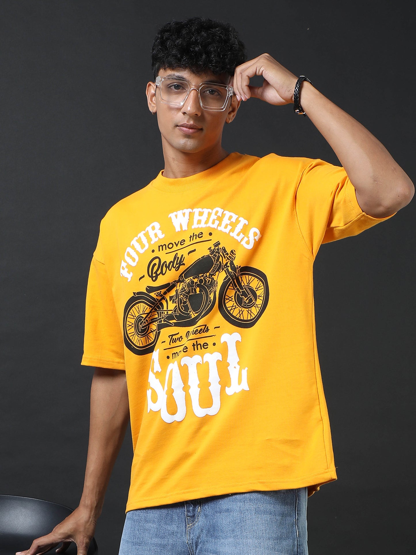 Four Wheels Soul Yellow Printed Oversized Tee