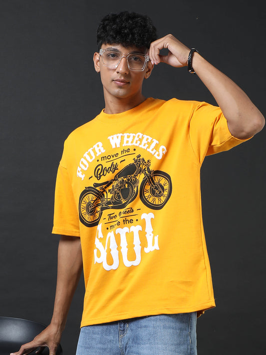 Four Wheels Soul Yellow Printed Oversized Tee