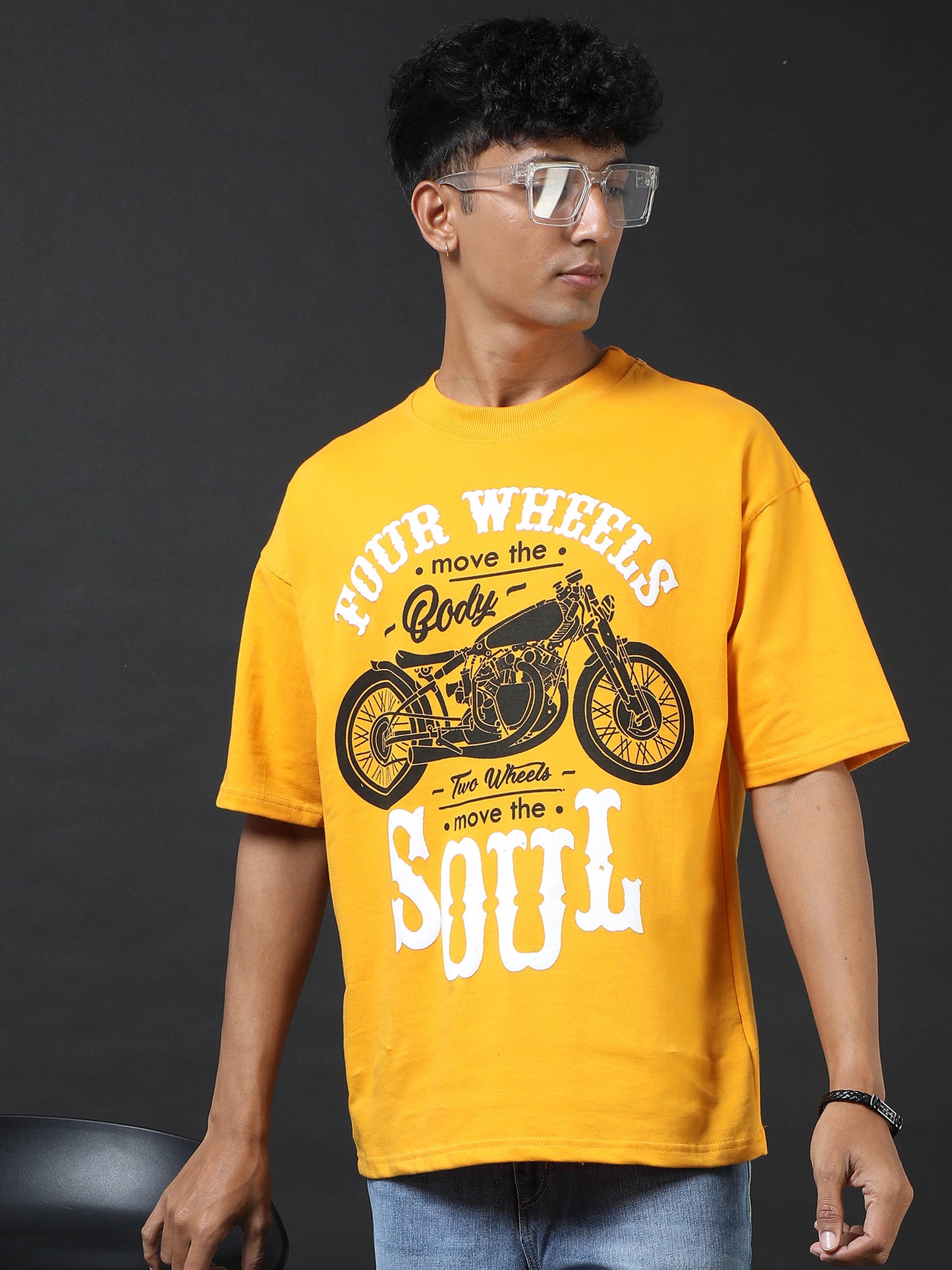 Four Wheels Soul Yellow Printed Oversized Tee
