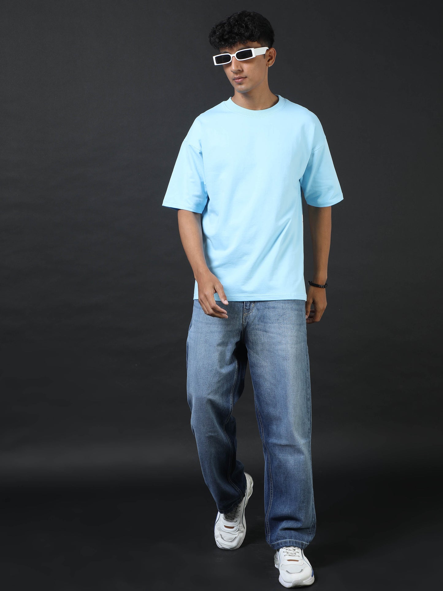 Direction Sky Blue Printed Oversized Tee