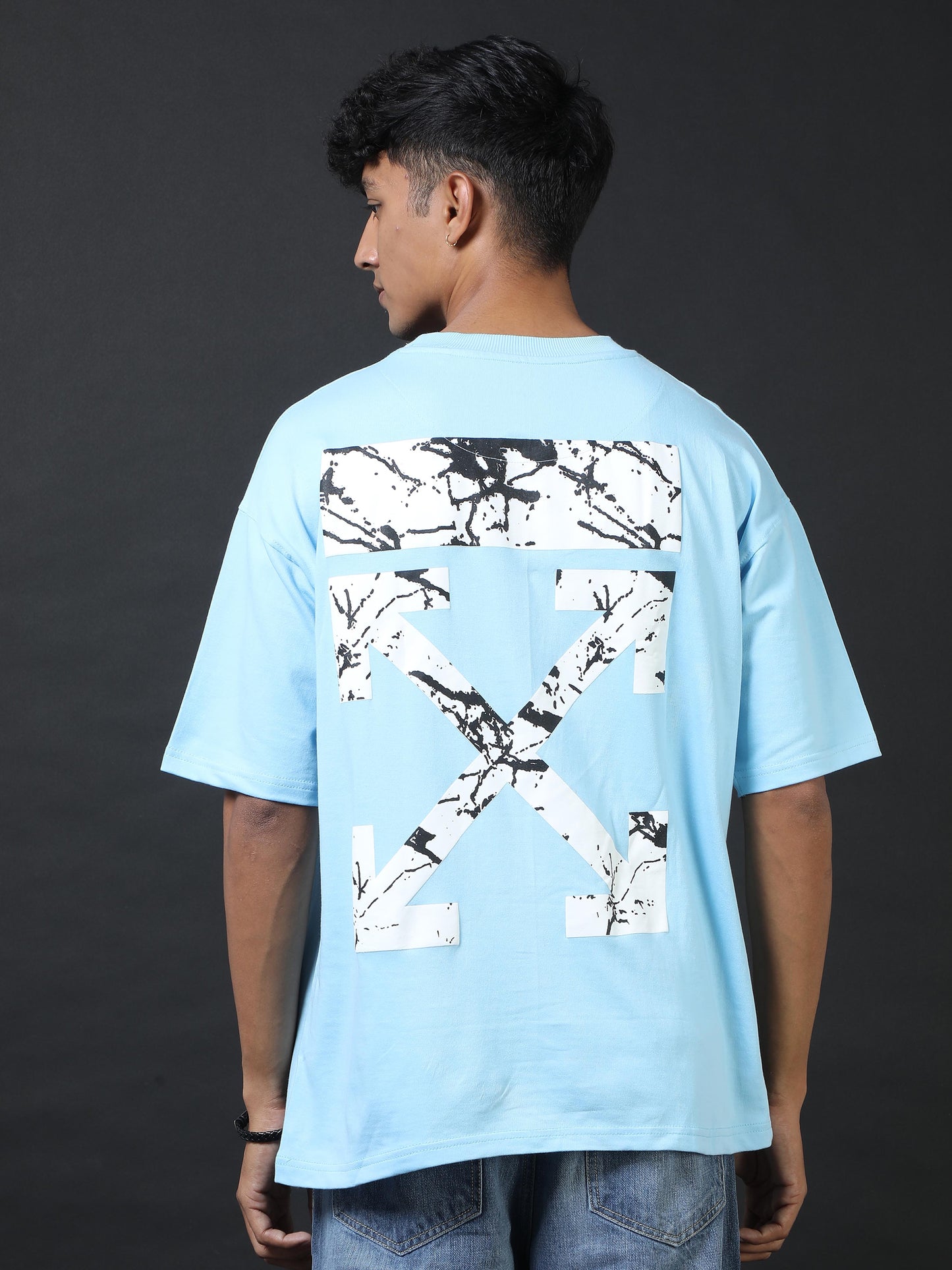 Direction Sky Blue Printed Oversized Tee